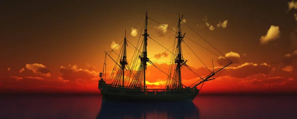 Old Ship Sunset Sea Rendering Illustration — Stock Photo, Image