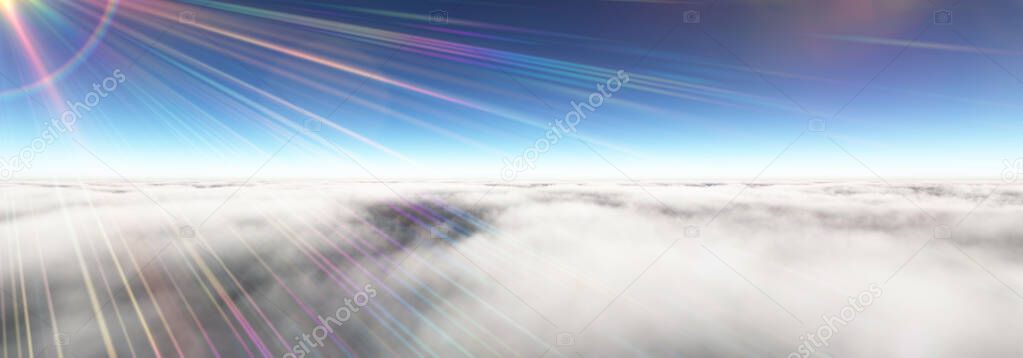 Above clouds sun ray, 3d rendering illustration