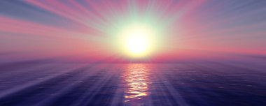 Gün batımı deniz ışığı gökyüzü berrak, üç boyutlu resimleme