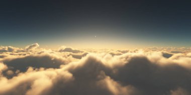 Bulutların üzerinde gün doğumu güneş ışığı çizimi, 3 boyutlu görüntüleme