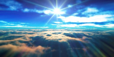 Bulutların üzerinde günbatımı güneş ışığı illüstrasyonu, 3 boyutlu görüntüleme