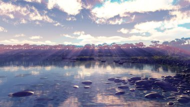 Tropikal gölün üzerinde güzel bir günbatımı, illüstrasyon 3D