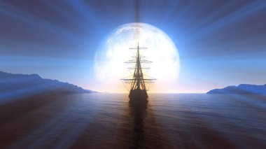 Denizde eski bir gemi dolunay çizimi 3D