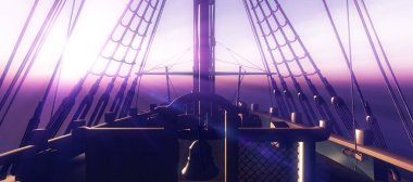 Eski gemi günbatımında deniz 3D resimleme