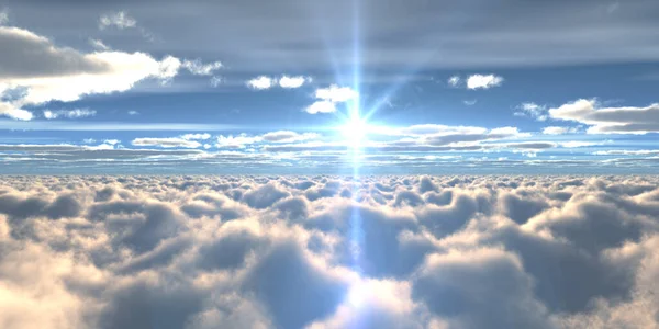 Boven Wolken Vliegen Zonsondergang Zon Straal Illustratie Renderen — Stockfoto