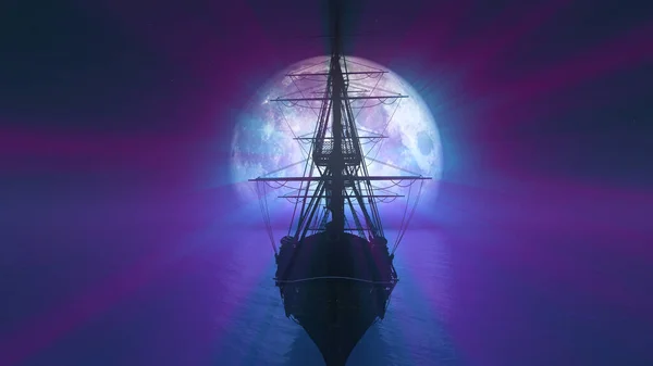 Stary Statek Morzu Pełnia Księżyca Ilustracja Renderowania — Zdjęcie stockowe