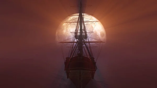 Gammalt Fartyg Havet Fullmåne Illustration Rendering — Stockfoto