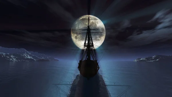 Viejo Barco Noche Luna Llena Renderizar Ilustración — Foto de Stock