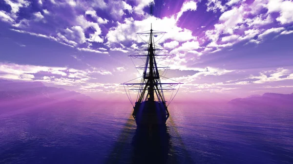 Oud Schip Zonsondergang Zee Illustratie Rendering — Stockfoto