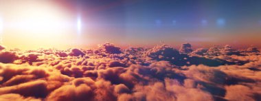 Bulutların üzerinde günbatımı güneş ışığı illüstrasyonu, 3 boyutlu görüntüleme