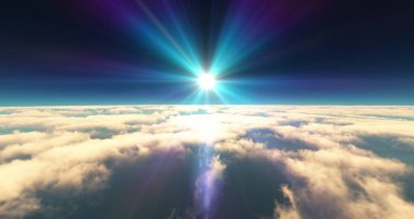 Bulutların üzerinde uç günbatımı manzarası. 3d resimleme