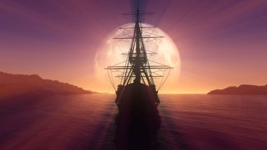 Denizde eski bir gemi dolunay çizimi 3D