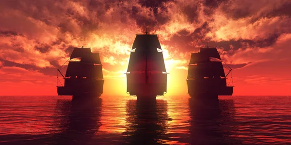 Oude Drie Schepen Zonsondergang Zee Weergave Illustratie — Stockfoto