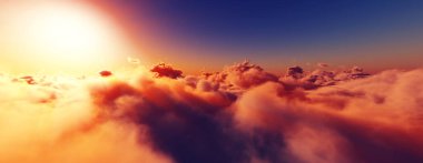 Bulutların üzerinde günbatımı güneş ışığı illüstrasyonu, 3 boyutlu görüntüleme