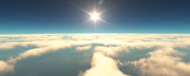 Bulutların üzerinde uç günbatımı manzarası. 3d resimleme