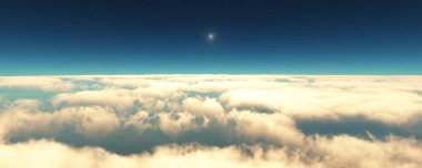 Bulutların üzerinde uç günbatımı manzarası. 3d resimleme