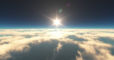 Bulutların üzerinde uç günbatımı manzarası. 3d resimleme