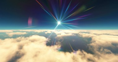 Bulutların üzerinde uç günbatımı manzarası. 3d resimleme