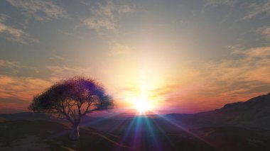 Çayırda gün batımı ve yalnız ağaç, üç boyutlu resimleme