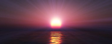 Gün batımı deniz ışığı gökyüzü berrak, üç boyutlu resimleme