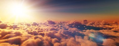 Bulutların üzerinde günbatımı güneş ışığı illüstrasyonu, 3 boyutlu görüntüleme