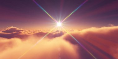 Bulutların üzerinde gün doğumu güneş ışığı çizimi, 3 boyutlu görüntüleme