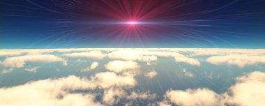 Bulutların üzerinde uç günbatımı manzarası. 3d resimleme