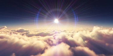 Bulutların üzerinde gün doğumu güneş ışığı çizimi, 3 boyutlu görüntüleme