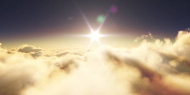 Bulutların üzerinde gün doğumu güneş ışığı çizimi, 3 boyutlu görüntüleme