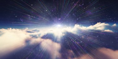 Bulutların üzerinde gün doğumu güneş ışığı çizimi, 3 boyutlu görüntüleme