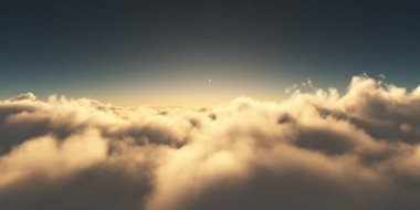 Bulutların üzerinde gün doğumu güneş ışığı çizimi, 3 boyutlu görüntüleme