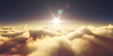 Bulutların üzerinde gün doğumu güneş ışığı çizimi, 3 boyutlu görüntüleme