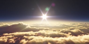 Bulutların üzerinde gün doğumu güneş ışığı çizimi, 3 boyutlu görüntüleme