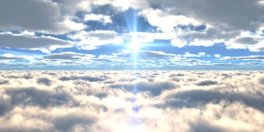 Bulutların üzerinde günbatımı güneş ışığı illüstrasyonu, 3 boyutlu görüntüleme