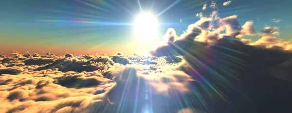 Felett Felhők Repülni Naplemente Napsugár Illusztráció Render — Stock Fotó