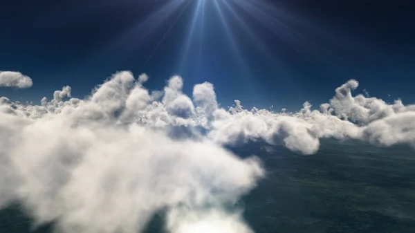 fly above big clouds, sun ray, 3d illustration render