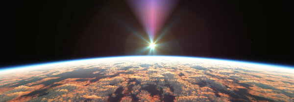 Earth sunrise from space over cloudy ocean. 3d rendering illustration