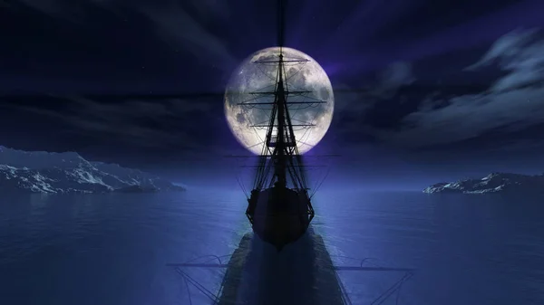 Vieux Navire Dans Nuit Pleine Lune Rendre Illustration — Photo