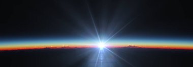 Bulutlu okyanus üzerinden Dünya 'nın doğuşu. 3d resimleme