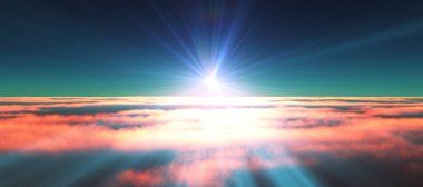 Bulutların üzerinde günbatımı güneş ışığı illüstrasyonu, 3 boyutlu görüntüleme