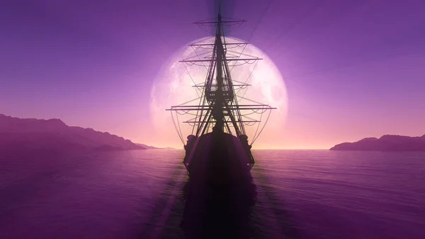 Old Ship Sea Full Moon Illustration Rendering — Stock Photo, Image