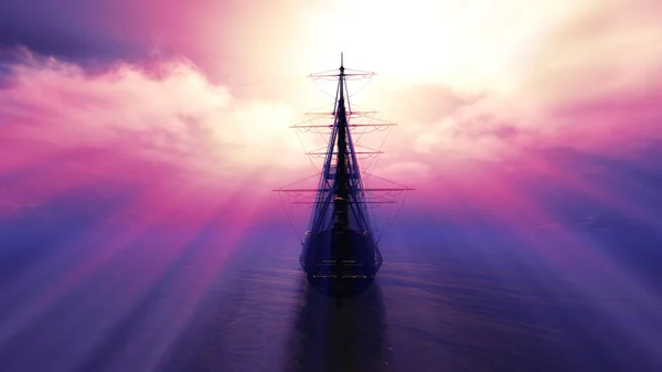 Oud Schip Zonsondergang Zee Illustratie Rendering — Stockfoto