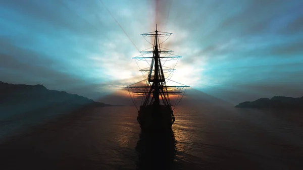 Oud Schip Zonsondergang Zee Illustratie Rendering — Stockfoto