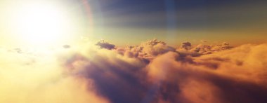 Bulutların üzerinde günbatımı güneş ışığı illüstrasyonu, 3 boyutlu görüntüleme