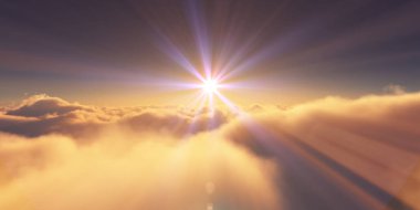 Bulutların üzerinde gün doğumu güneş ışığı çizimi, 3 boyutlu görüntüleme