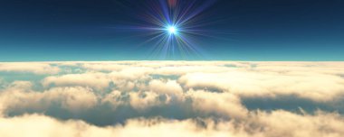 Bulutların üzerinde uç günbatımı manzarası. 3d resimleme