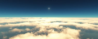 Bulutların üzerinde uç günbatımı manzarası. 3d resimleme