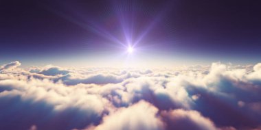 Bulutların üzerinde gün doğumu güneş ışığı çizimi, 3 boyutlu görüntüleme