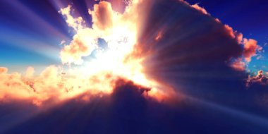 above clouds sun ray sunset. 3d render illustration