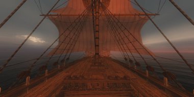 Eski gemi günbatımında deniz 3D resimleme